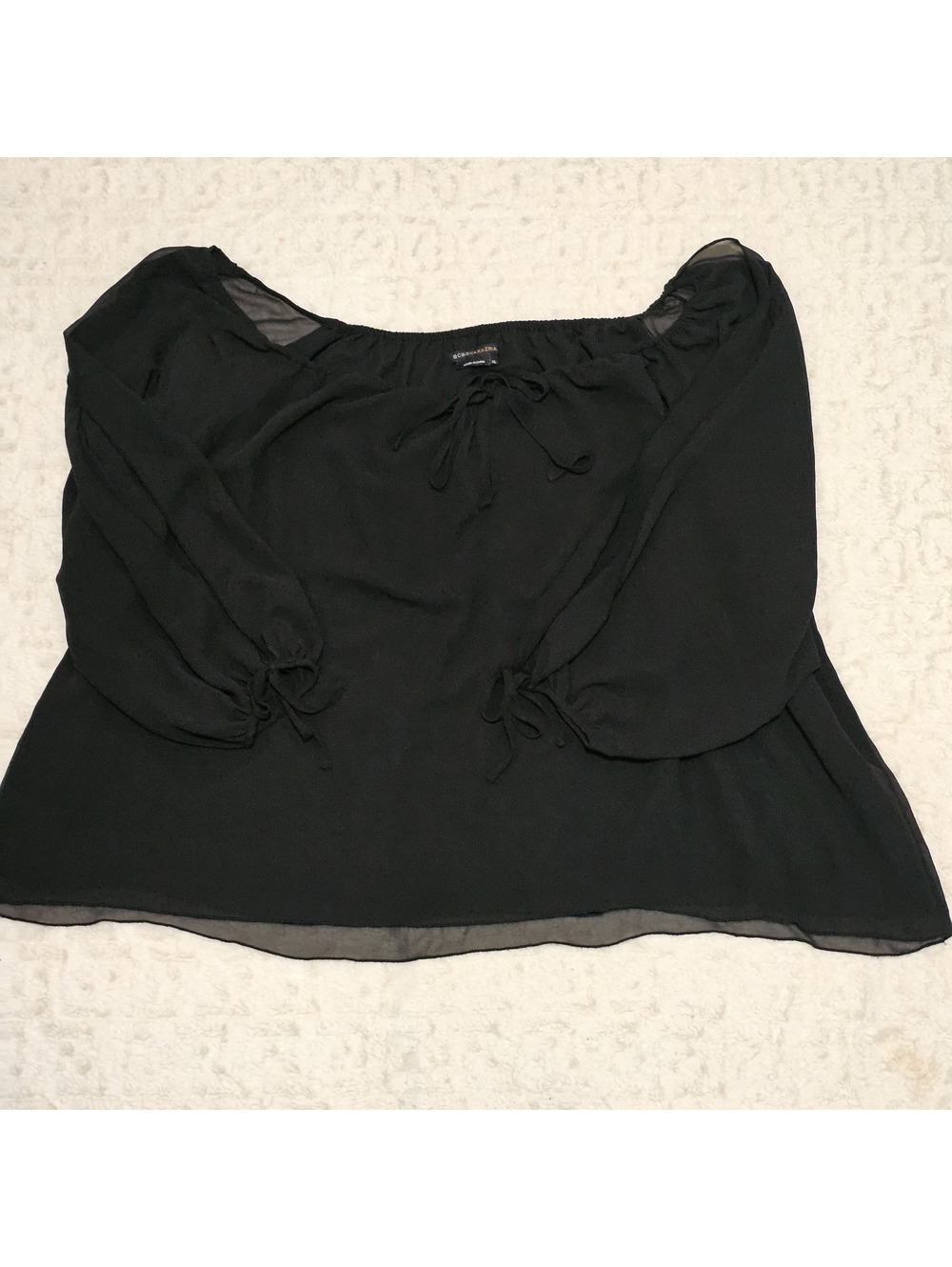 BCBGMaxazria Black Chiffon Peasant Style Top w/ Sheer Open Sleeves XL